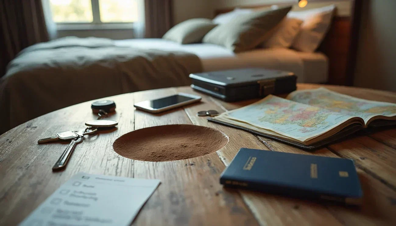 Travel essentials including keys, phone, map, passport, and checklist on a wooden table in a cozy bedroom setting