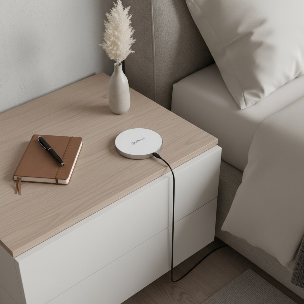 Trackcard ChargePad Pro Produktbild On nightstand Nachttisch Ladegerät Kabellos Rund angeschlossen